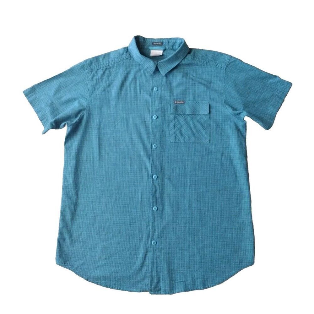 Columbia Sportswear Button Up‎ Shirt Men L Blue Short Sleeves Geometric Abstract